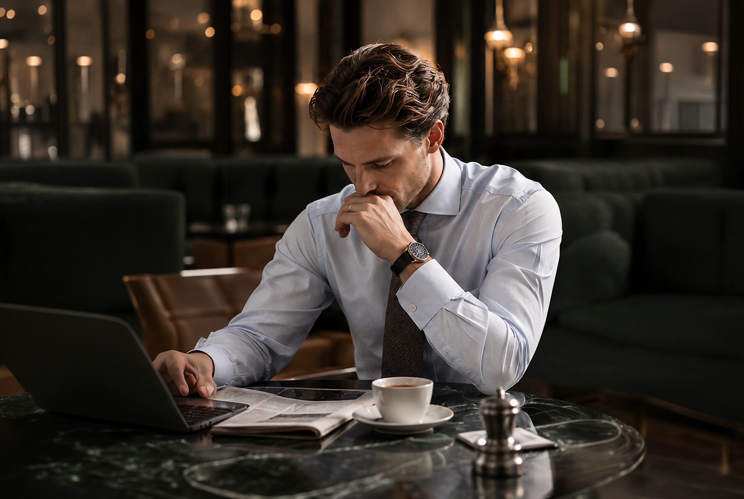 Ein Mann in einem marineblauen Anzug, der an einem Café-Tisch eine Zeitung liest, neben ihm ein Laptop, eine Tasse Kaffee und eine Pfeffermühle.