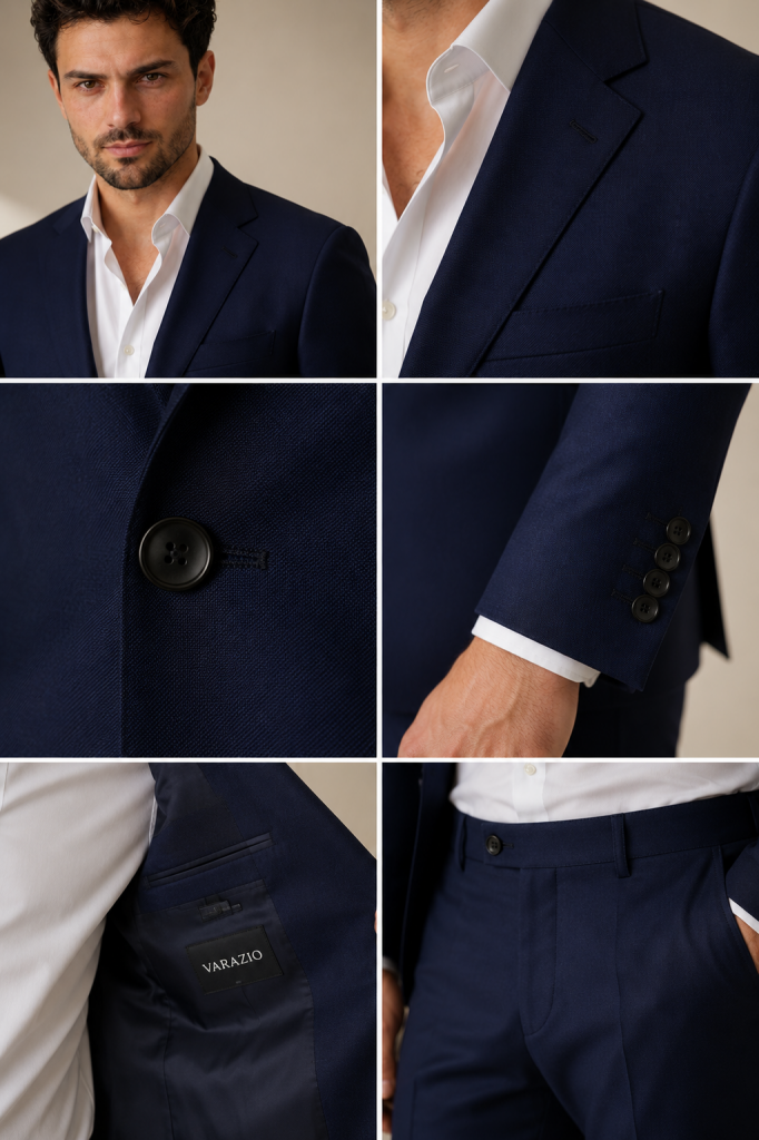 Ein Mann, der einen marineblauen Anzug modelliert, wobei Details der Jacke, der Knöpfe und des Varazio-Etiketts in Nahaufnahme zu sehen sind.