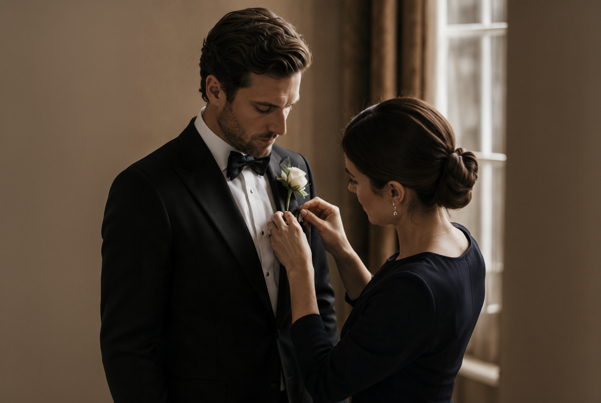 Eine Frau steckt einem Mann eine Ansteckblume an den Anzug, während die beiden in festlicher Kleidung am Fenster stehen – ein intimer Moment mit seinem Hochzeitsanzug nach der Hochzeit.