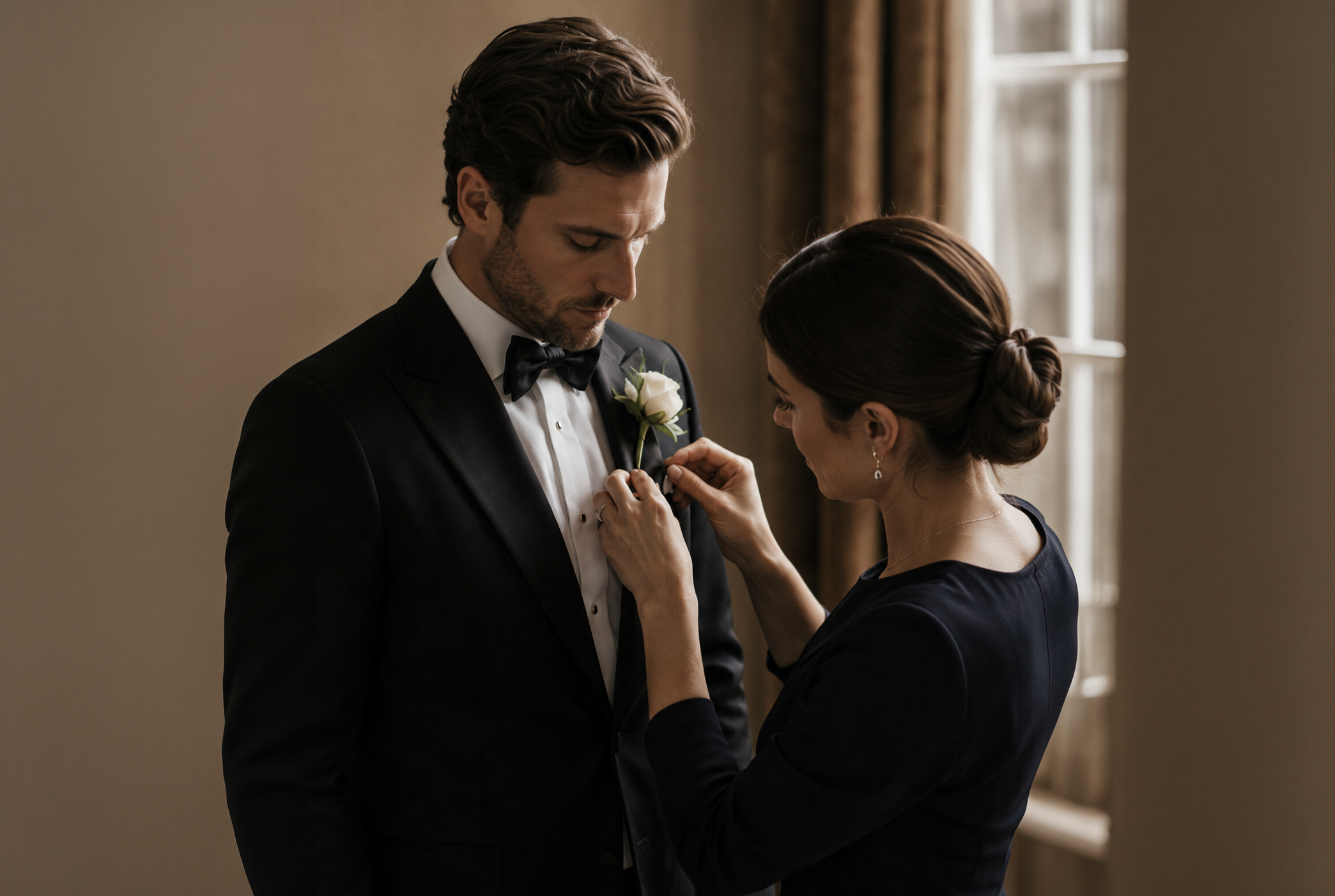Eine Frau steckt einem Mann eine Ansteckblume an den Anzug, während die beiden in festlicher Kleidung am Fenster stehen – ein intimer Moment mit seinem Hochzeitsanzug nach der Hochzeit.