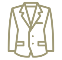 Einfache Strichzeichnung eines Anzugjacketts mit Revers, zwei Knöpfen und drei Taschen.