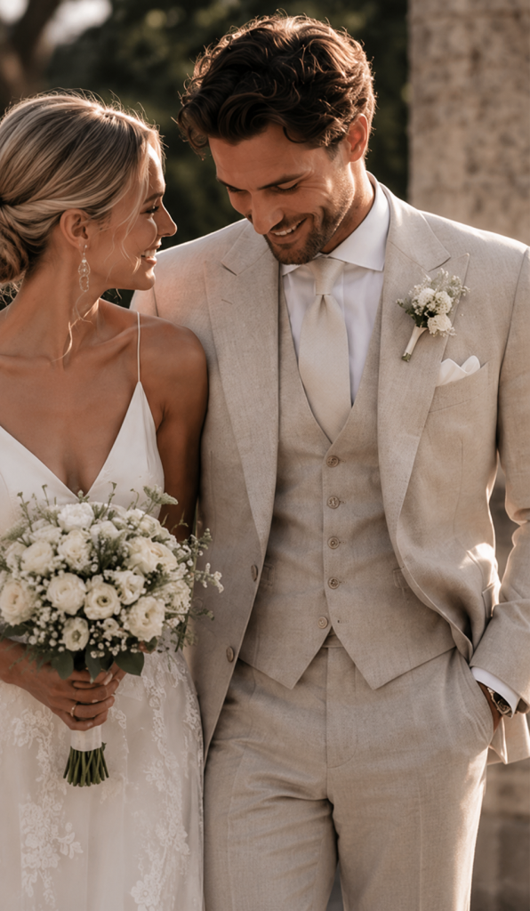 Braut und Bräutigam lächeln sich im Freien an, tragen elegante beigefarbene Hochzeitskleidung und halten einen Blumenstrauß in den Händen.
