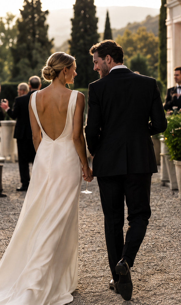 Die Braut in einem weißen, rückenfreien Kleid hält Händchen mit dem Bräutigam im schwarzen Anzug, während die beiden bei einer Hochzeit im Freien spazieren gehen.