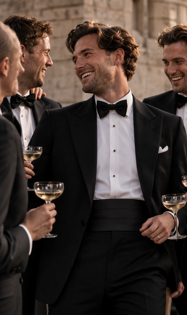 Vier Männer in Smokings, die lächelnd Champagnergläser in den Händen halten und eine elegante Veranstaltung im Freien genießen.